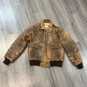 New territories Distressed Brown Leather Bomber Jacket